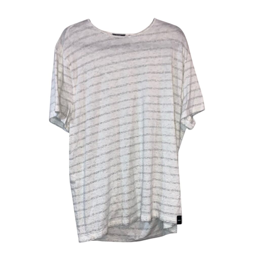 DKNY Oversized Tunic Top XL Gray Striped Short Sleeve Drapey Casual Minimalist